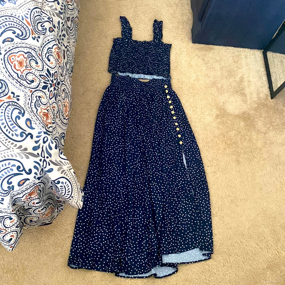 Navy polka dot skirt and top set.